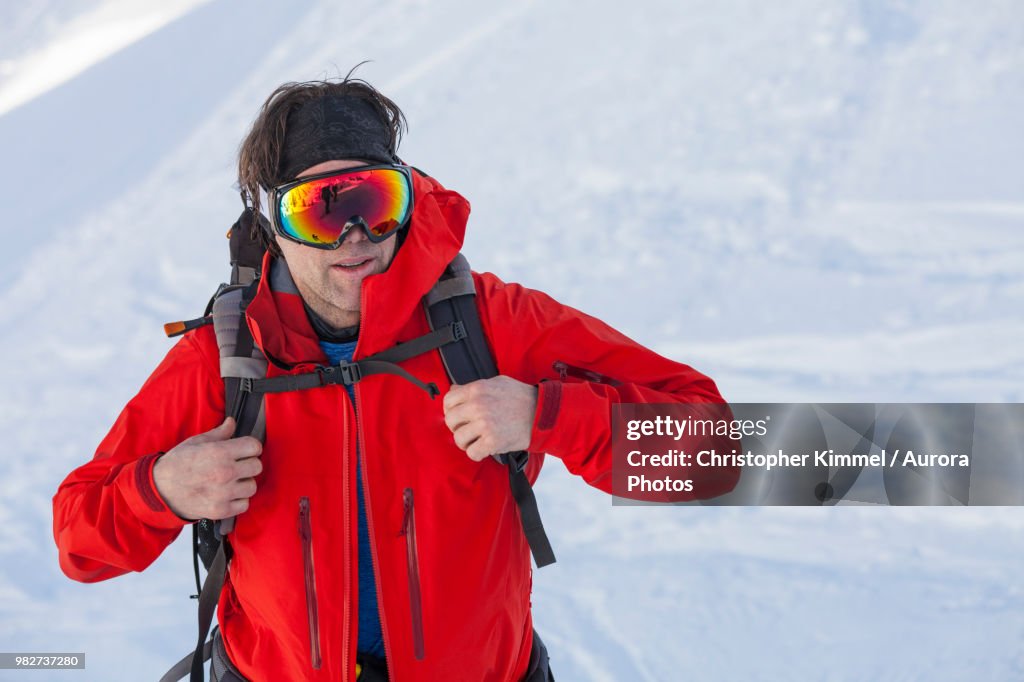 Man cross-country skiing in North Cascades National Park, Washington State, USA