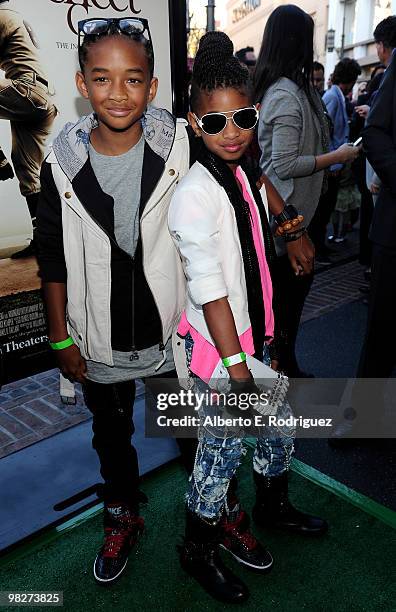 Actor Jaden Smith and actress Willow Smith arrive at the premiere of IndustryWorks' "The Perfect Game" on April 5, 2010 in Los Angeles, California.