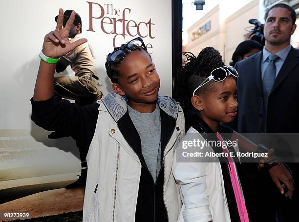 Actor Jaden Smith and actress Willow Smith arrive at the premiere of IndustryWorks' "The Perfect Game" on April 5, 2010 in Los Angeles, California.