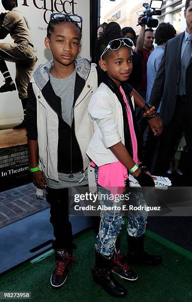 Actor Jaden Smith and actress Willow Smith arrive at the premiere of IndustryWorks' "The Perfect Game" on April 5, 2010 in Los Angeles, California.