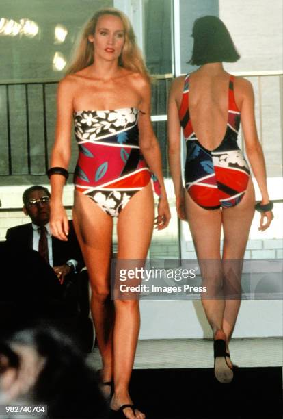 Jerry Hall models her own swimsuit line circa 1983 in New York.