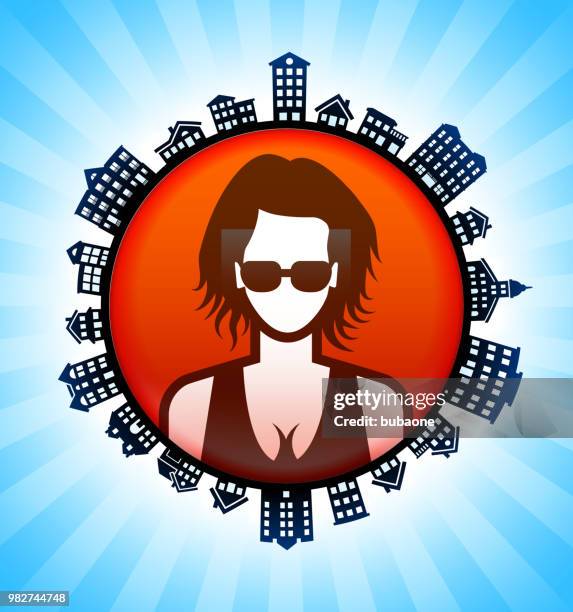 woman on rural cityscape skyline background - round eyeglasses clip art stock illustrations