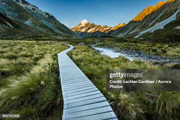 mountain trail towards mount cook, canterbury, new zealand - mt cook stock-fotos und bilder