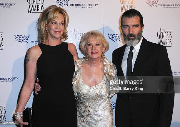 Actress Melanie Griffith, actress Tippi Hedren and actor Antonio Banderas arrive at the 24th Genesis Awards held at The Beverly Hilton Hotel on March...