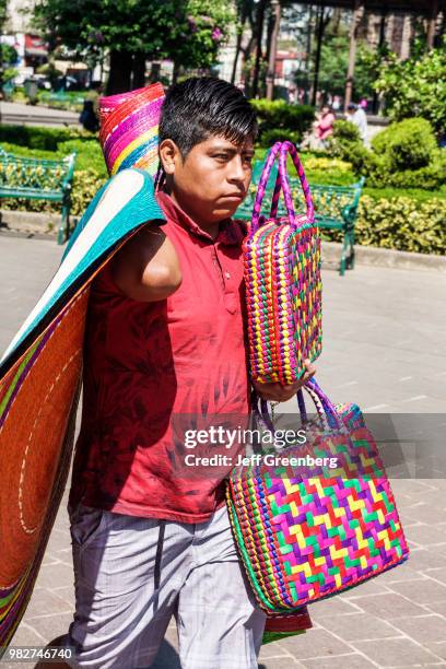 Jardin Plaza Hidalgo, public park, street peddler, woven bags and matts.