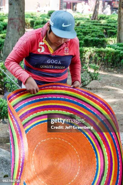 Mexico City, Jardin Centenario, public park street vendor selling woven rugs.