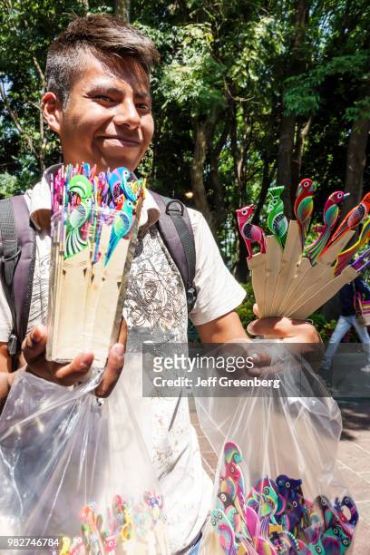 Mexico City, Jardin Centenario, public park street vendor selling wood bookmarks.