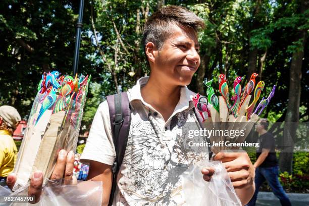 Mexico City, Jardin Centenario, public park street vendor selling wood bookmarks.