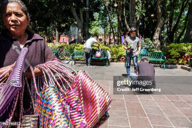 Mexico City, Jardin Centenario, park street vendors selling woven rugs and bags.