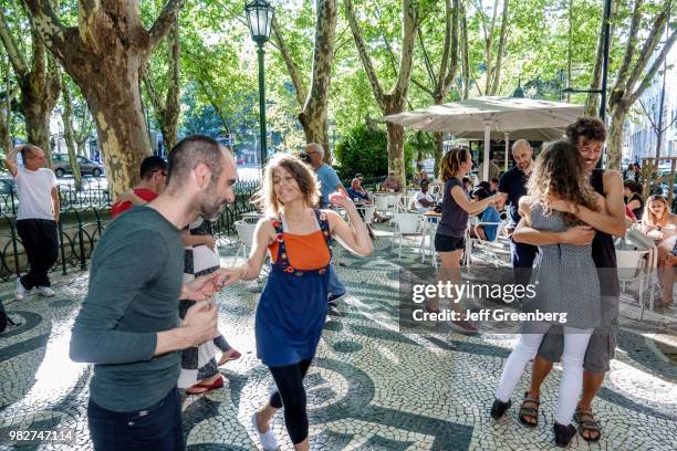 Portugal, Lisbon, Avenida Da Liberdade, promenade garden, couples dancing.