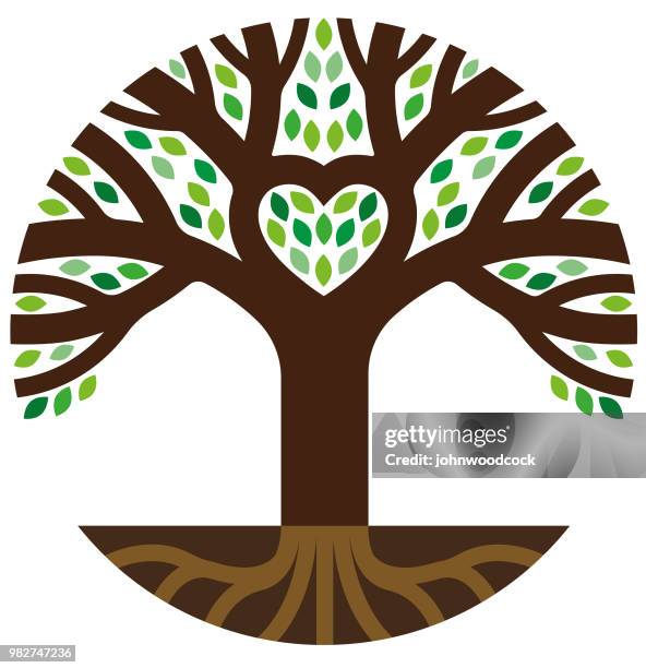 runder baum und herz illustration - origens stock-grafiken, -clipart, -cartoons und -symbole