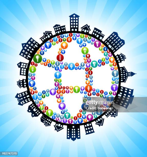 globe light bulb wireframe on rural cityscape skyline background - new construction electrical stock illustrations