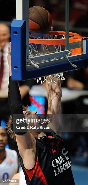 Tiago Splitter, #21 of Caja Laboral in action during the Euroleague Basketball 2009-2010 Play Off Game 4 between Caja Laboral vs CSKA Moscow at...