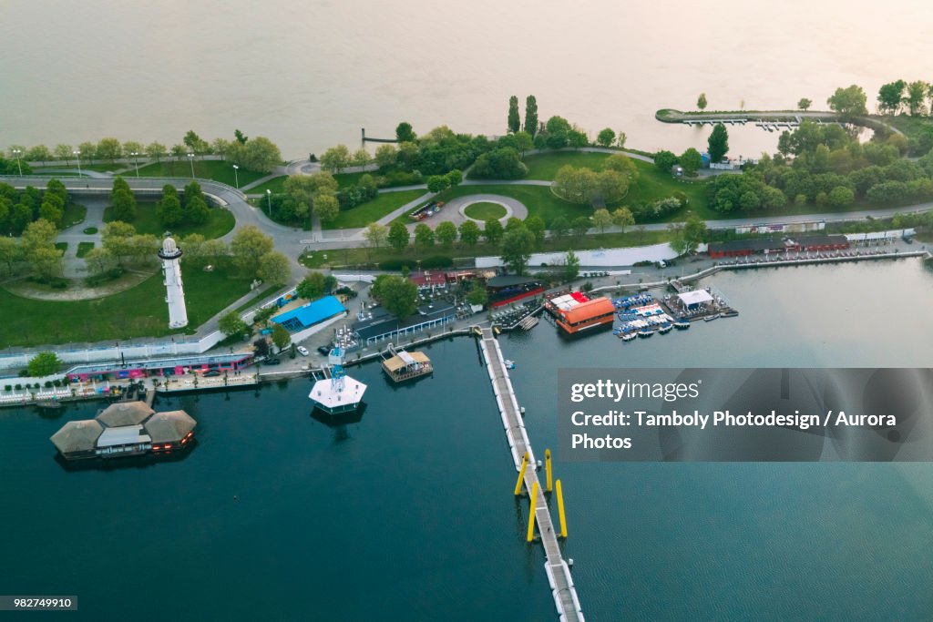 Donauinsel or Danube Island viewed from above, Melia Tower, Donau City, Vienna, Austria