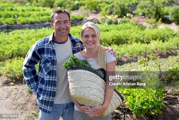 portrait of farmer and his wife in market garden - newbusiness stock pictures, royalty-free photos & images