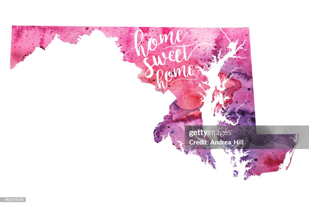 Home Sweet Home Watercolor Raster Map Illustration of Maryland