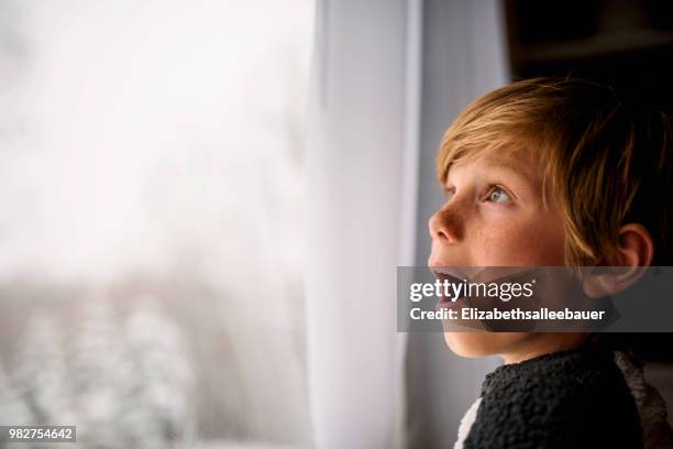 surprised boy looking out of the window in winter - boy looking up stock pictures, royalty-free photos & images