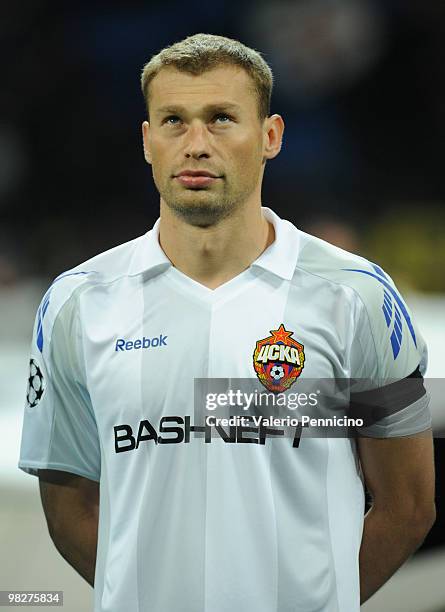 Vasili Berezutski of CSKA Moscow looks on prior to the the UEFA Champions League Quarter Finals, First Leg match between FC Internazionale Milano and...