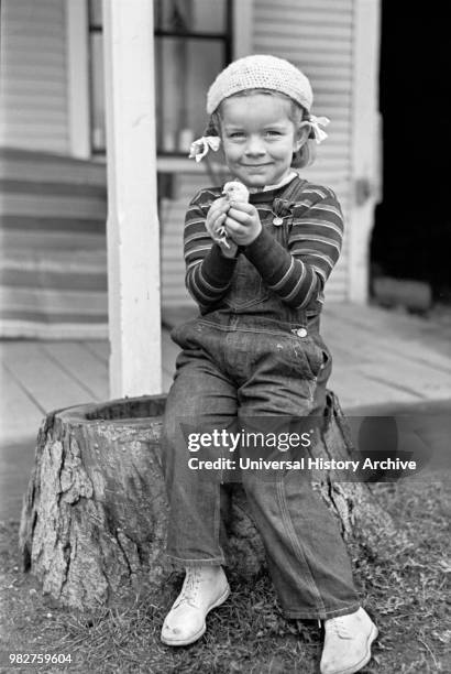 Young Girl Holding Baby Chick, Johnson Vermont, USA, Arthur Rothstein for U.S. Resettlement Administration, May 1937.