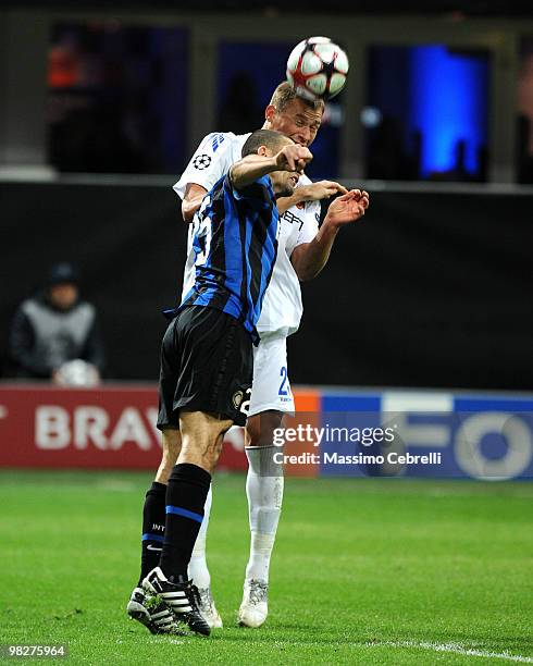 Walter Samuel of FC Internazionale Milano goes up for the ball against Vasili Berezutski of CSKA Moscow during the UEFA Champions League Quarter...