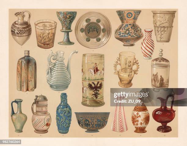 glass art industry, lithograph, published in 1897 - murano italy stock illustrations