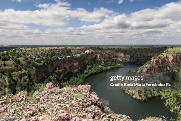 high angle view from the distance of san frutos hermitage and meander of the duratón river in springtime, sevogia, spain. - rz stock pictures, royalty-free photos & images