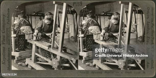 Spinning Fabrics on a Hand Loom, Japan, Stereo Card, Keystone View Company, 1905.