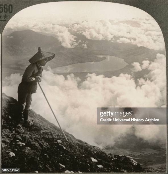 Two Miles above the Clouds-From Fuji toward Lake Yamanaka 10 miles away, Japan, Single Image of Stereo Card, Keystone View Company, early 1900's.