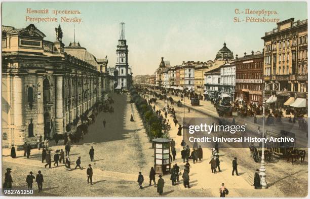 Street Scene, Nevsky Prospect, St. Petersburg, Russia, Hand-Colored Postcard, early 1900's.