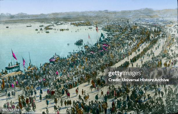 Pilgrims at Ganges River, Allahabad, India, Hand-Colored Magic Lantern Slide, Newton & Company, 1915.