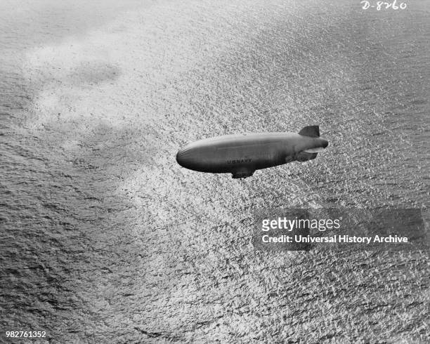 Navy Blimp during Anti-Submarine Patrol over Atlantic Ocean, High Angle View, Office of War Information, January 1943.