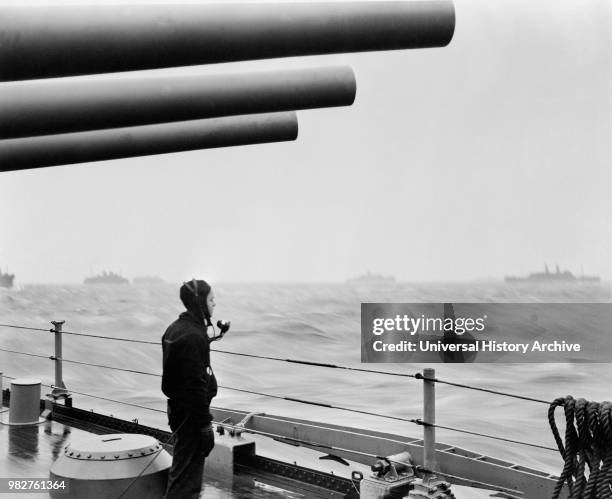 Navy Sailor on Naval Vessel Keeping Alert Watch over Merchant Ships Delivering Vital Supplies to U.S. And Allied Forces in Europe, Atlantic Ocean,...