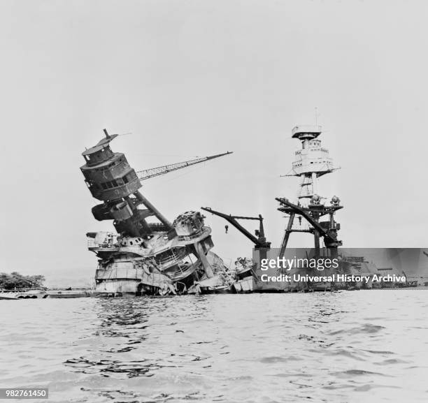 Wreckage of USS Arizona after Imperial Japanese Navy Air Service Attack, Pearl Harbor Hawaii, Office of Emergency Management, December 7, 1941.