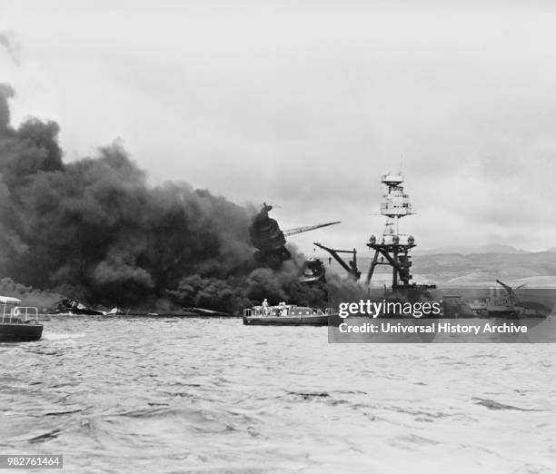 Arizona on Fire after Imperial Japanese Navy Air Service Attack, Pearl Harbor Hawaii, Office of Emergency Management, December 7, 1941.