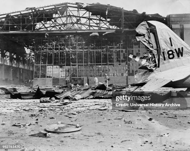 The damaged Hangar No 11 after the 7th December 1941 attack by the Imperial Japanese Navy Air Service on Hickam Field, Pearl Harbor, Hawaii.