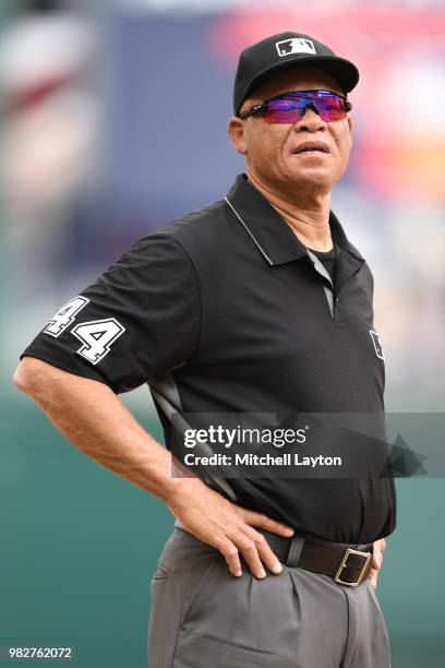 Umpire Kerwin Danley looks on during a baseball game between the Washington Nationals and the San Francisco Giants at Nationals Park on June 9, 2018...