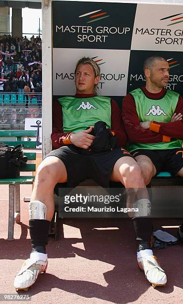 Philippe Mexes of AS Roma is shown in the banch before the Serie A match between AS Bari and AS Roma at Stadio San Nicola on April 3, 2010 in Bari,...