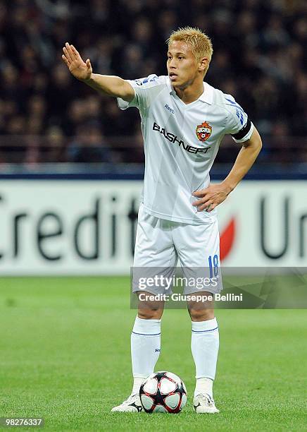 Keisuke Honda of CSKA in action during the UEFA Champions League Quarter Finals, First Leg match between FC Internazionale Milano v CSKA Moscow at...