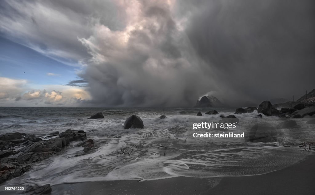 Storm approaching beach, Myrland, Flakstad, Nordland, Lofoten, Norway
