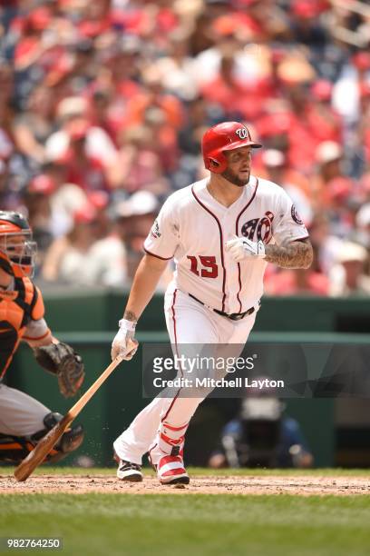 Matt Adams of the Washington Nationals takes a swing during a baseball game against the San Francisco Giants at Nationals Park on June 9, 2018 in...