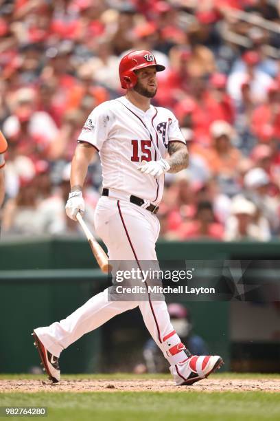 Matt Adams of the Washington Nationals takes a swing during a baseball game against the San Francisco Giants at Nationals Park on June 9, 2018 in...