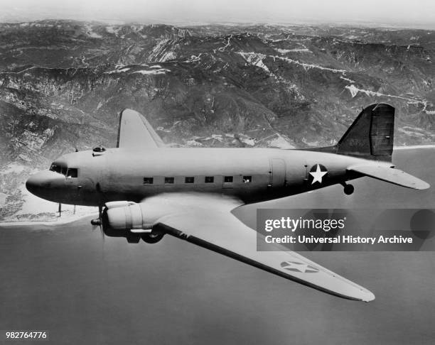 Army Douglas C-47 Military Aircraft, In-Flight, Office of War Information, 1942.