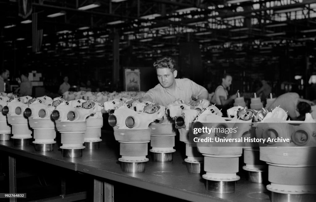 Cylinder Barrels Lined up for Inspection at Buick Plant Converted for War Product Production, July 1942