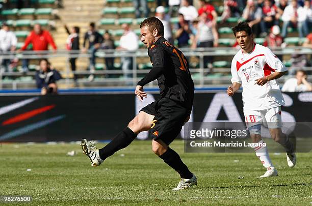 Daniele De Rossi of AS Roma is shown in action during the Serie A match between AS Bari and AS Roma at Stadio San Nicola on April 3, 2010 in Bari,...