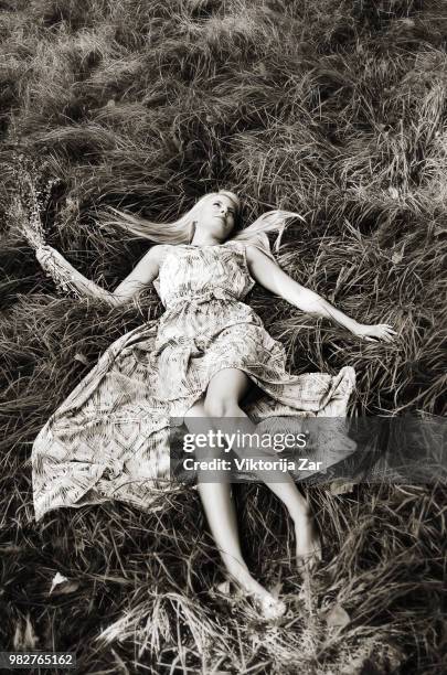 yong woman in dress lying on back in grass, vilnius, lithuania - zar - fotografias e filmes do acervo