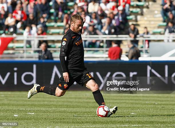 Daniele De Rossi of AS Roma is shown in action during the Serie A match between AS Bari and AS Roma at Stadio San Nicola on April 3, 2010 in Bari,...