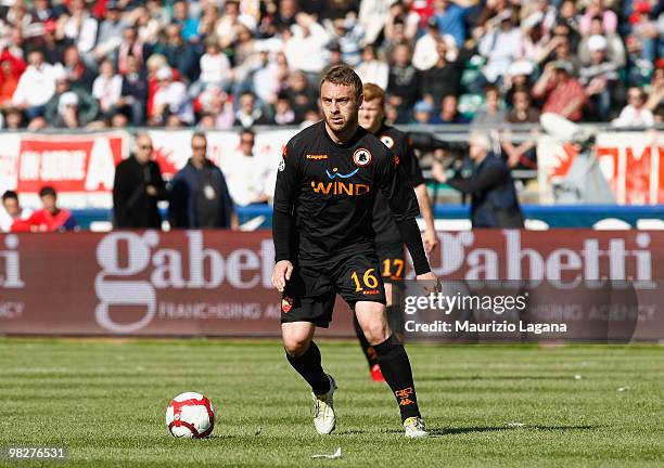 Daniele De Rossi of AS Roma is shown in action during the Serie A match between AS Bari and AS Roma at Stadio San Nicola on April 3, 2010 in Bari,...