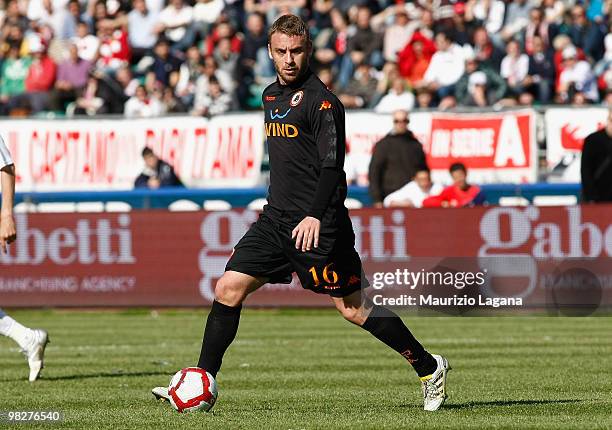 Daniele De Rossi of AS Roma is shown in action during the Serie A match between AS Bari and AS Roma at Stadio San Nicola on April 3, 2010 in Bari,...