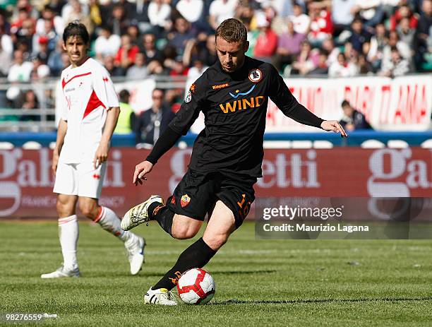 Daniele De Rossi is shown in action of AS Roma during the Serie A match between AS Bari and AS Roma at Stadio San Nicola on April 3, 2010 in Bari,...