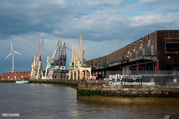 Cranes on a dock in Antwerp, Belgium.